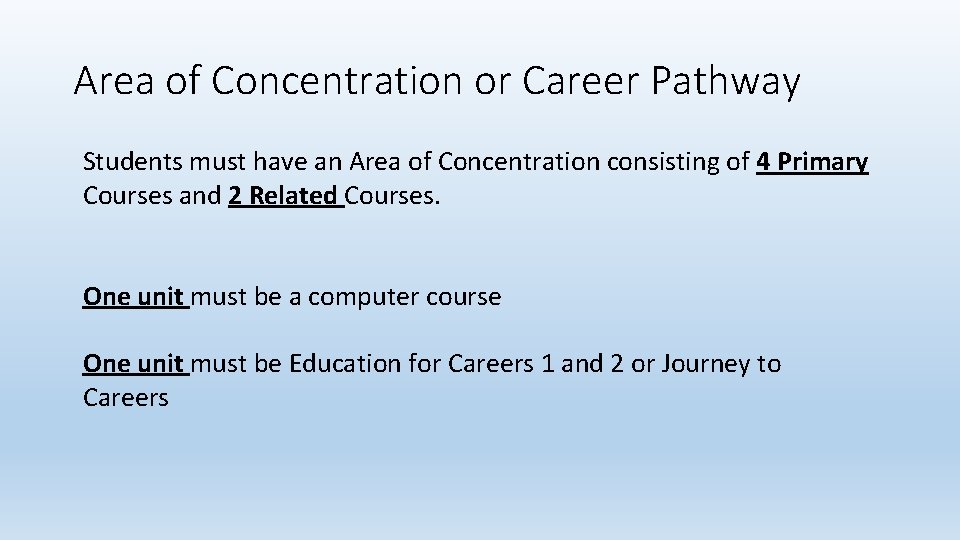 Area of Concentration or Career Pathway Students must have an Area of Concentration consisting