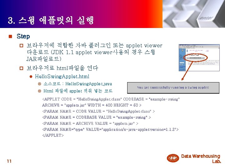 3. 스윙 애플릿의 실행 n Step p 브라우저에 적합한 자바 플러그인 또는 applet viewer