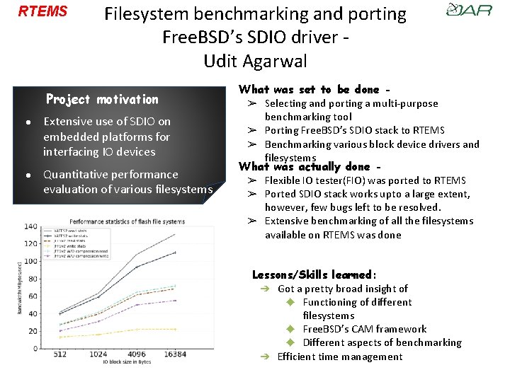 RTEMS Filesystem benchmarking and porting Free. BSD’s SDIO driver - Udit Agarwal Project motivation