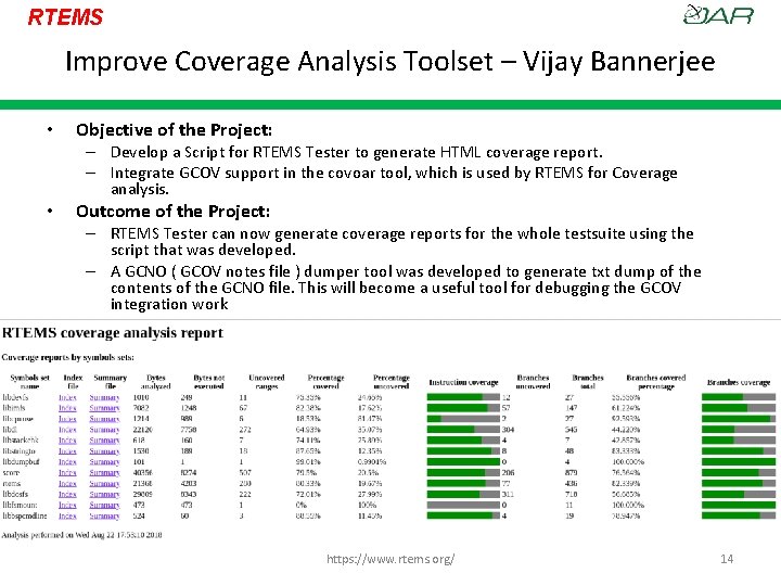 RTEMS Improve Coverage Analysis Toolset – Vijay Bannerjee • Objective of the Project: –