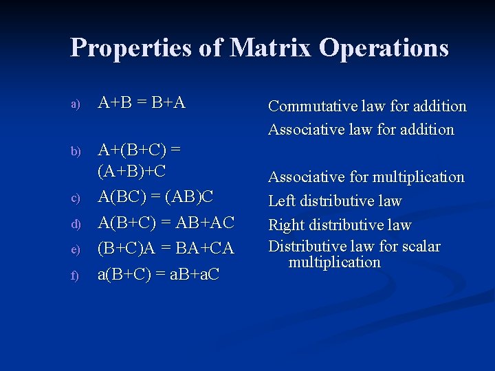 Properties of Matrix Operations a) A+B = B+A b) A+(B+C) = (A+B)+C A(BC) =