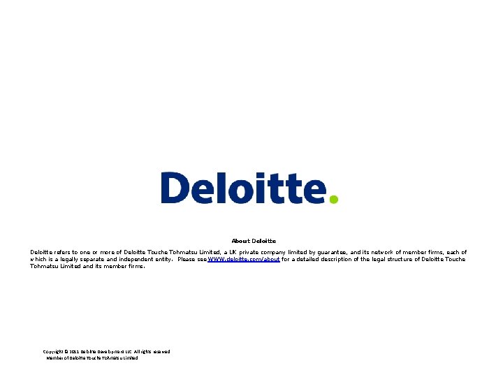 About Deloitte refers to one or more of Deloitte Touche Tohmatsu Limited, a UK About Deloitte refers to one or more of Deloitte Touche Tohmatsu Limited, a UK