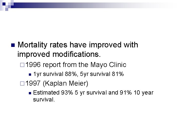 n Mortality rates have improved with improved modifications. ¨ 1996 n 1 yr survival n Mortality rates have improved with improved modifications. ¨ 1996 n 1 yr survival