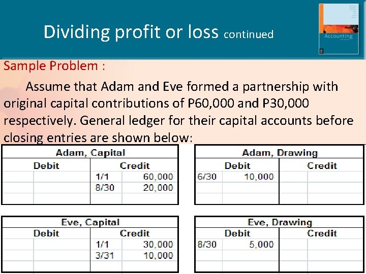 Dividing profit or loss continued Sample Problem : Assume that Adam and Eve formed