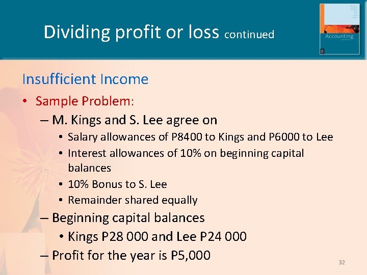 Dividing profit or loss continued Insufficient Income • Sample Problem: – M. Kings and