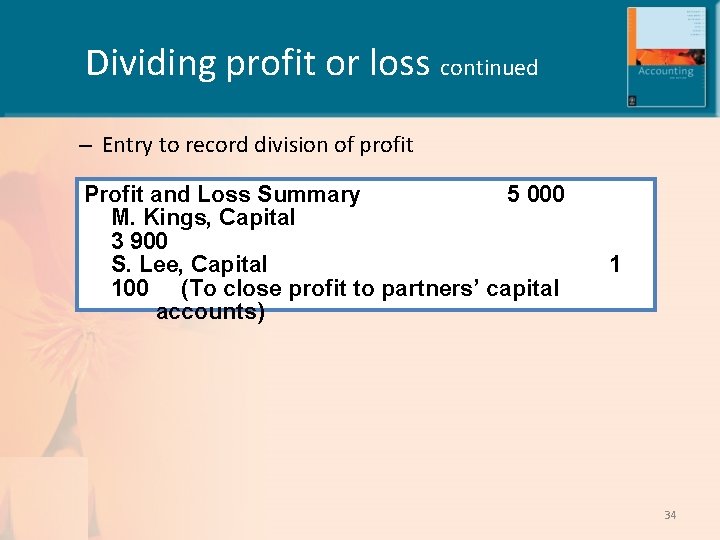 Dividing profit or loss continued – Entry to record division of profit Profit and