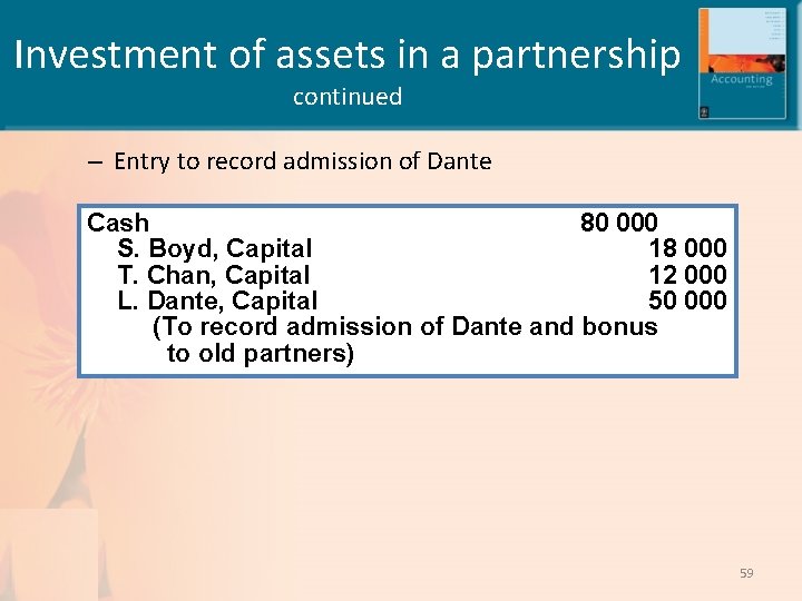 Investment of assets in a partnership continued – Entry to record admission of Dante