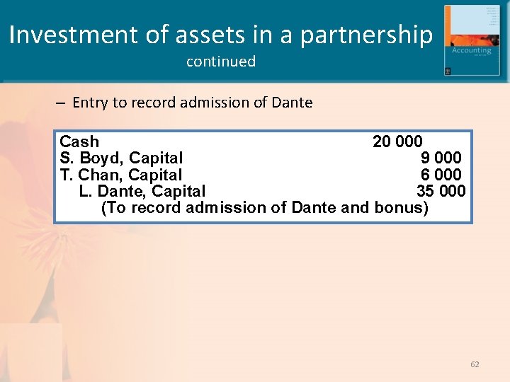 Investment of assets in a partnership continued – Entry to record admission of Dante
