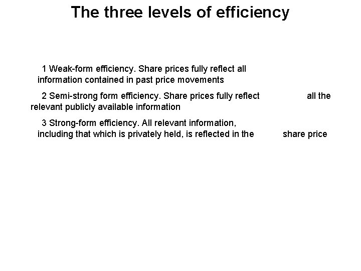 The three levels of efficiency 1 Weak-form efficiency. Share prices fully reflect all information