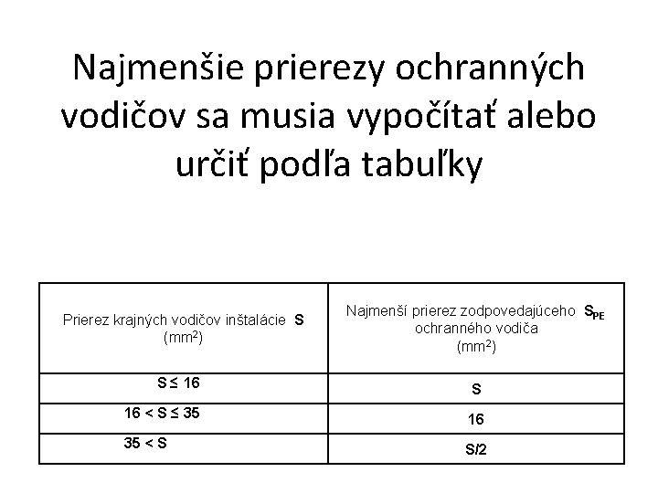 Najmenšie prierezy ochranných vodičov sa musia vypočítať alebo určiť podľa tabuľky Prierez krajných vodičov