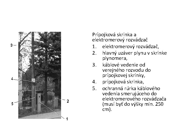 Prípojková skrinka a elektromerový rozvádzač 1. elektromerový rozvádzač, 2. hlavný uzáver plynu v skrinke