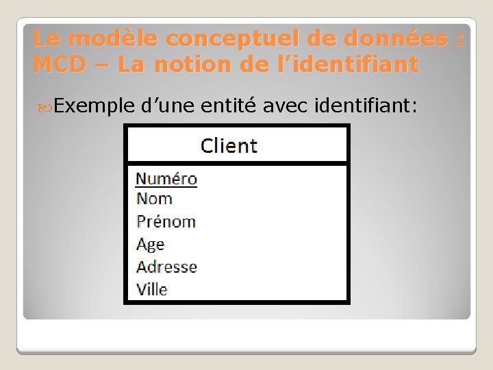 Le modèle conceptuel de données : MCD – La notion de l’identifiant Exemple d’une