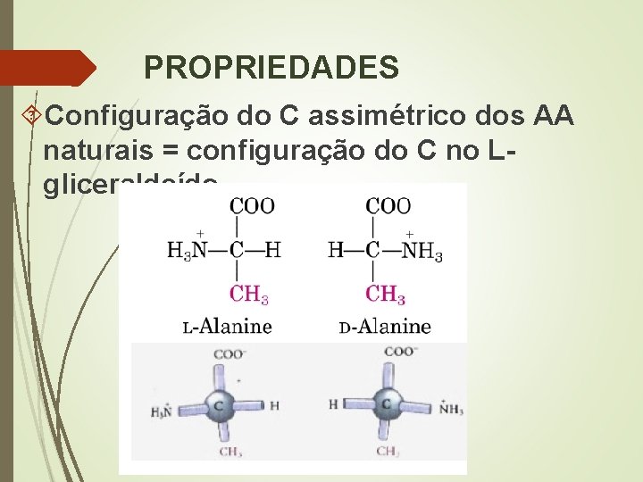 PROPRIEDADES Configuração do C assimétrico dos AA naturais = configuração do C no Lgliceraldeído.