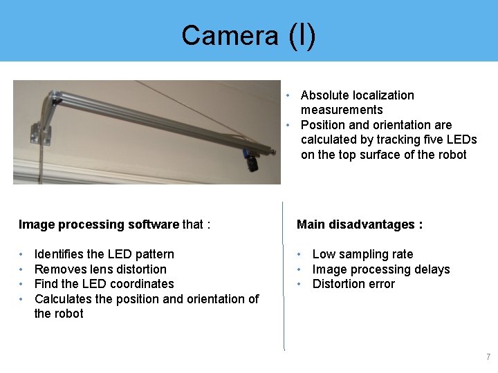 Camera (I) • Absolute localization measurements • Position and orientation are calculated by tracking