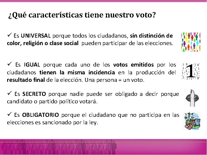 ¿Qué características tiene nuestro voto? ü Es UNIVERSAL porque todos los ciudadanos, sin distinción ¿Qué características tiene nuestro voto? ü Es UNIVERSAL porque todos los ciudadanos, sin distinción