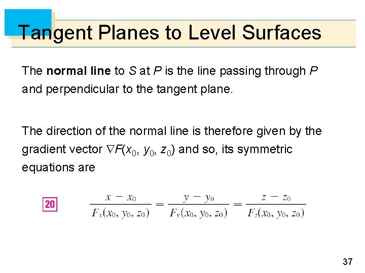 Tangent Planes to Level Surfaces The normal line to S at P is the