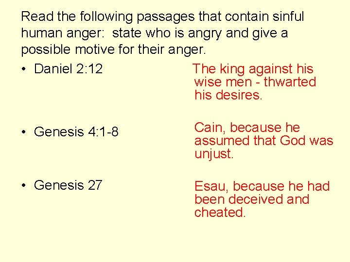 Read the following passages that contain sinful human anger: state who is angry and