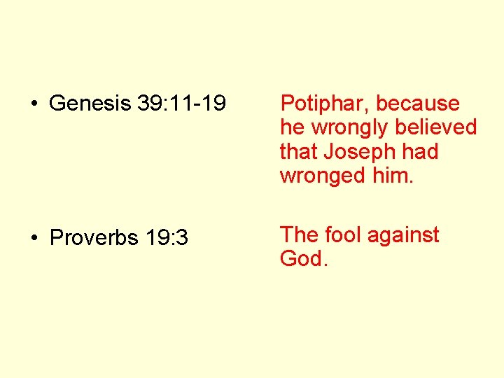  • Genesis 39: 11 -19 Potiphar, because he wrongly believed that Joseph had
