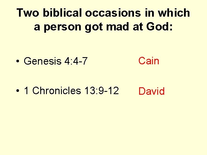 Two biblical occasions in which a person got mad at God: • Genesis 4: