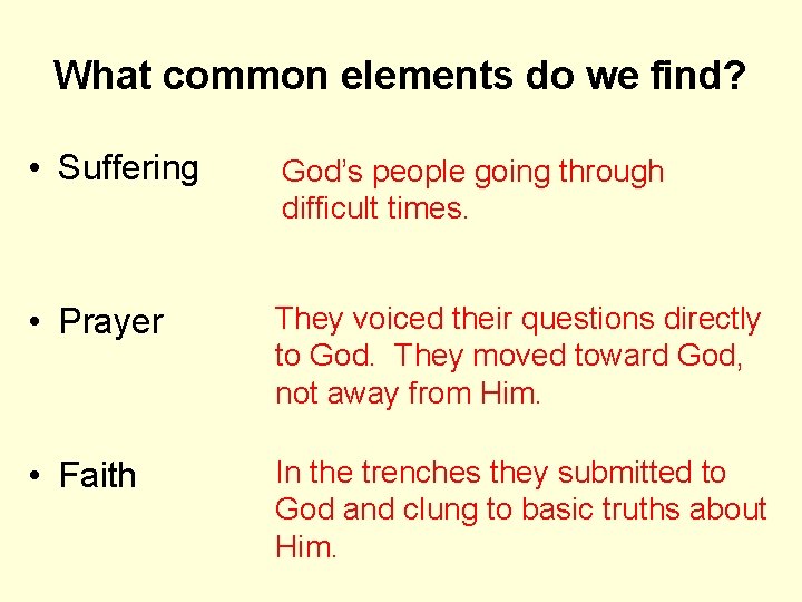 What common elements do we find? • Suffering God’s people going through difficult times.