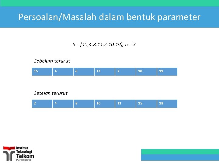 Persoalan/Masalah dalam bentuk parameter S = [15, 4, 8, 11, 2, 10, 19], n