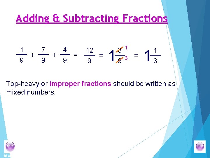 Adding & Subtracting Fractions 1 7 4 + + = 9 9 9 12