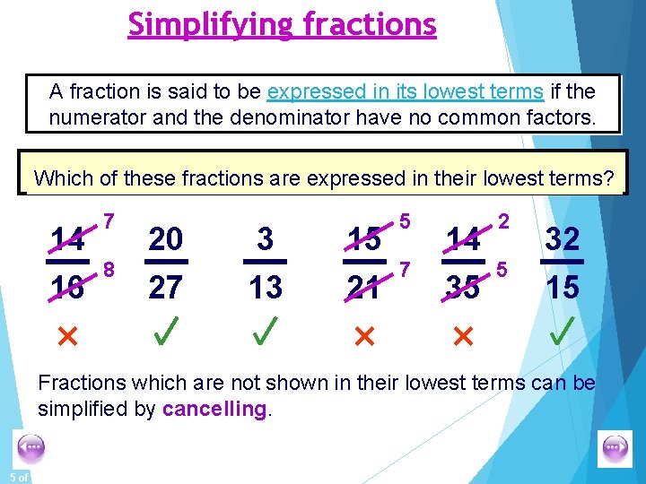 Simplifying fractions A fraction is said to be expressed in its lowest terms if