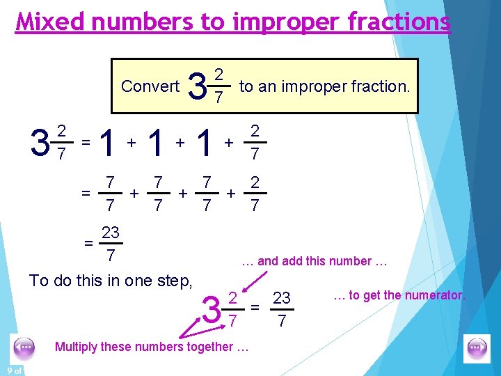 Mixed numbers to improper fractions Convert 3 2 = 7 3 2 to an