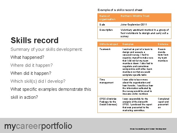 Example of a skills record sheet Skills record Summary of your skills development: Name