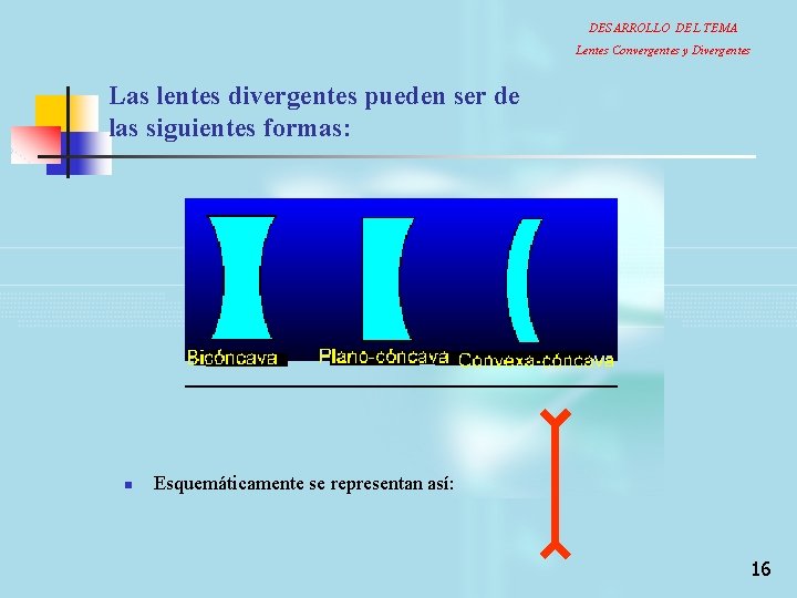 DESARROLLO DEL TEMA Lentes Convergentes y Divergentes Las lentes divergentes pueden ser de las