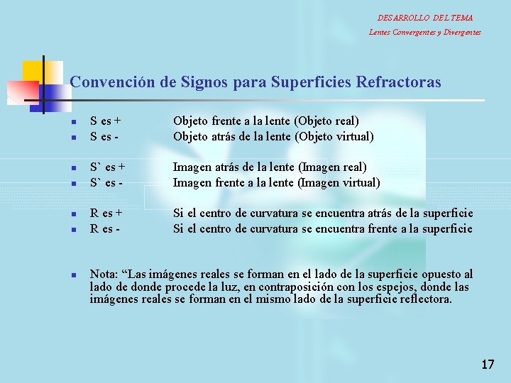 DESARROLLO DEL TEMA Lentes Convergentes y Divergentes Convención de Signos para Superficies Refractoras n