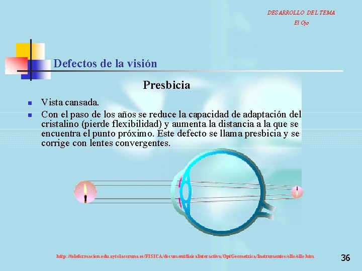 DESARROLLO DEL TEMA El Ojo Defectos de la visión Presbicia n n Vista cansada.