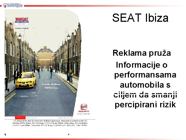 SEAT Ibiza Reklama pruža Informacije o performansama automobila s ciljem da smanji percipirani rizik