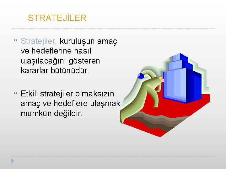 STRATEJİLER Stratejiler, kuruluşun amaç ve hedeflerine nasıl ulaşılacağını gösteren kararlar bütünüdür. Etkili stratejiler olmaksızın