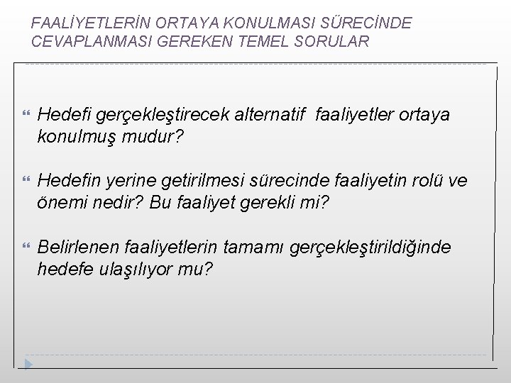 FAALİYETLERİN ORTAYA KONULMASI SÜRECİNDE CEVAPLANMASI GEREKEN TEMEL SORULAR Hedefi gerçekleştirecek alternatif faaliyetler ortaya konulmuş