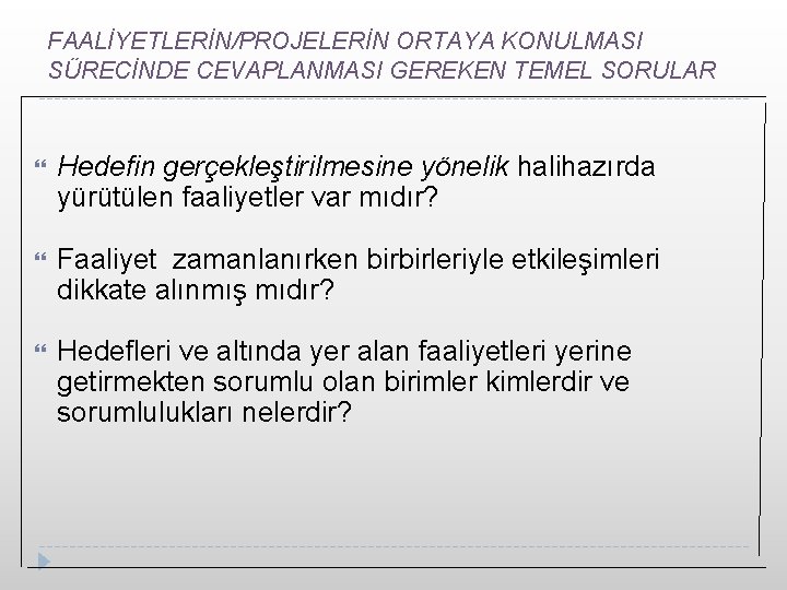 FAALİYETLERİN/PROJELERİN ORTAYA KONULMASI SÜRECİNDE CEVAPLANMASI GEREKEN TEMEL SORULAR Hedefin gerçekleştirilmesine yönelik halihazırda yürütülen faaliyetler