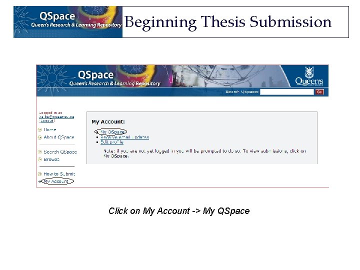 Beginning Thesis Submission Click on My Account -> My QSpace Beginning Thesis Submission Click on My Account -> My QSpace
