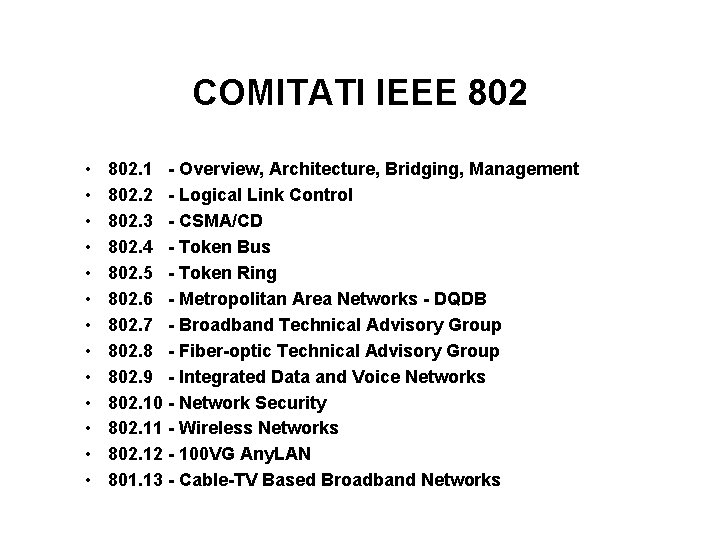 COMITATI IEEE 802 • • • • 802. 1 - Overview, Architecture, Bridging, Management