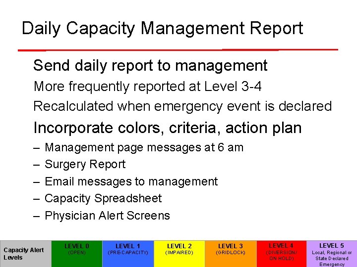 Daily Capacity Management Report Send daily report to management More frequently reported at Level