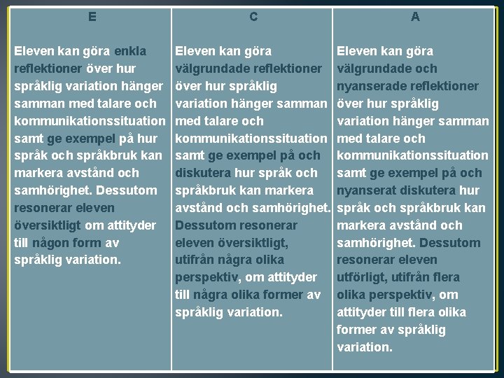  E Eleven kan göra enkla reflektioner över hur språklig variation hänger samman med