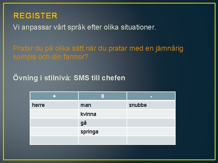 REGISTER Vi anpassar vårt språk efter olika situationer. Pratar du på olika sätt när