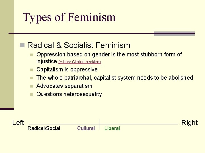 Types of Feminism n Radical & Socialist Feminism n n n Left Oppression based Types of Feminism n Radical & Socialist Feminism n n n Left Oppression based