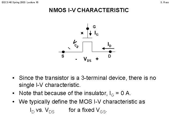EECS 40 Spring 2003 Lecture 16 S. Ross NMOS I-V CHARACTERISTIC G + _