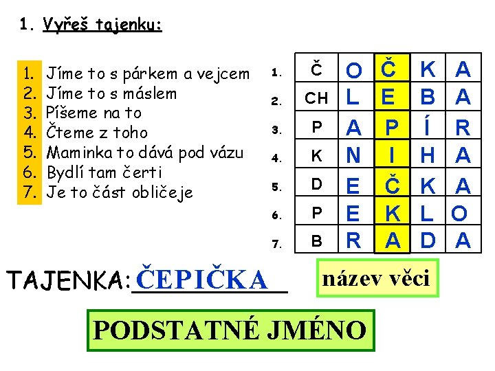 1. Vyřeš tajenku: 1. 2. 3. 4. 5. 6. 7. Jíme to s párkem