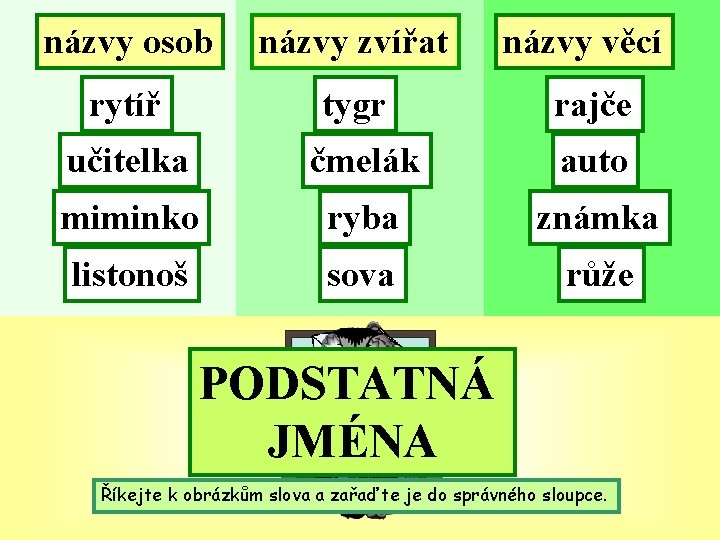 názvy osob názvy zvířat názvy věcí rytíř tygr rajče učitelka čmelák auto miminko ryba