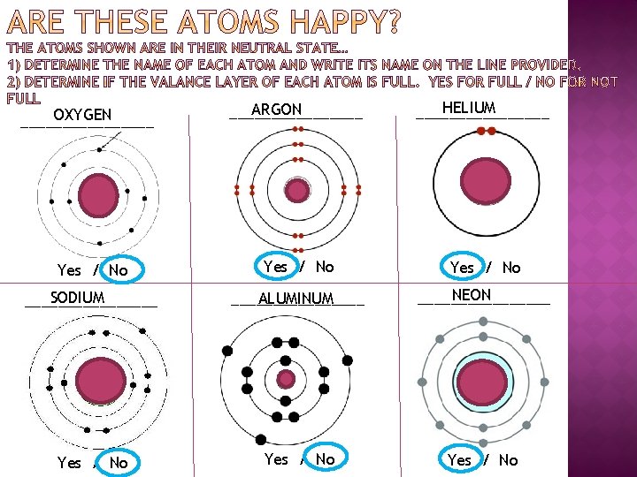 ARGON ________ HELIUM ________ Yes / No SODIUM ________ ALUMINUM ________ NEON ________ Yes