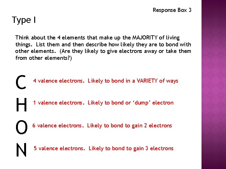 Response Box 3 Type I Think about the 4 elements that make up the