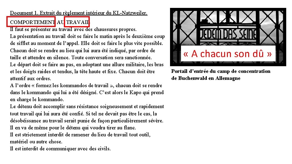 Document 1. Extrait du règlement intérieur du KL-Natzweiler. COMPORTEMENT AU TRAVAIL Il faut se