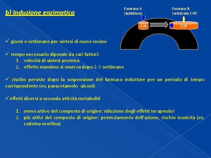 b) Induzione enzimatica Farmaco A (induttore) CYP Farmaco B (substrato CYP) CYP ü giorni b) Induzione enzimatica Farmaco A (induttore) CYP Farmaco B (substrato CYP) CYP ü giorni