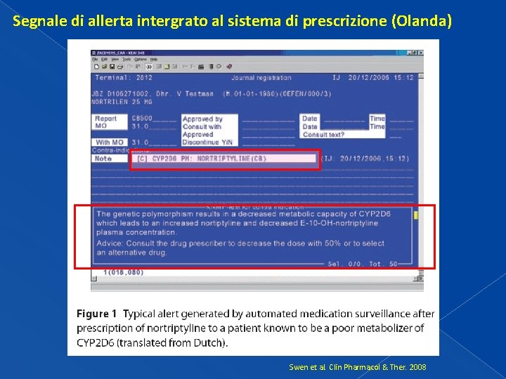 Segnale di allerta intergrato al sistema di prescrizione (Olanda) Swen et al. Clin Pharmacol Segnale di allerta intergrato al sistema di prescrizione (Olanda) Swen et al. Clin Pharmacol